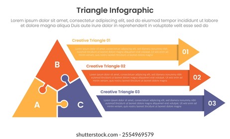 triangle base shape infographic template banner with puzzle jigsaw shape and long arrow shape with 3 point for slide presentation vector