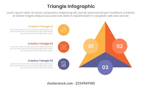 triangle base shape infographic template banner with sharp triangle and circle edge with circle stack vertical with 3 point for slide presentation vector