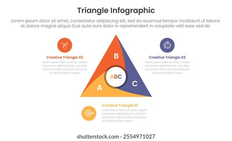 triangle base shape infographic template banner with triangle cycle circular with swirl center with 3 point for slide presentation vector