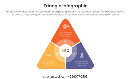 triangle base shape infographic template banner with round triangle with circle on center and slice shape with 3 point for slide presentation vector