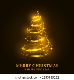 triangle beautiful luminous golden light tree Merry Christmas and happy new year banner greeting card template. Vector illustration