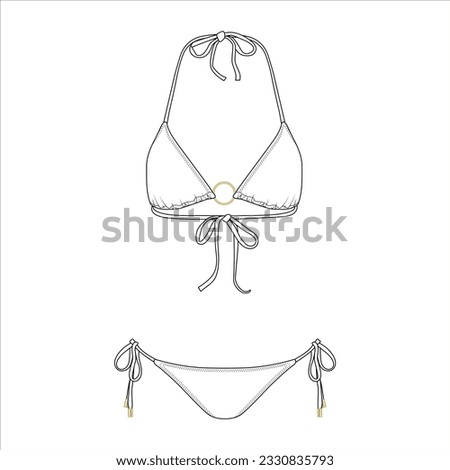 Triangle Bikini front view fashion flat sketch for Tech Pack. Tie Back Fastening, Golden Ring Trim, CAD drawing, black and white, vector graphics for garment production apparel brand, swimwear women