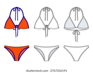 Triangle Bikini Set technical fashion illustration. swimwear vector template. front and back view. halter tie bikini top. low rise bikini bottom. contrast binding detail. women beachwear. CAD mockup.