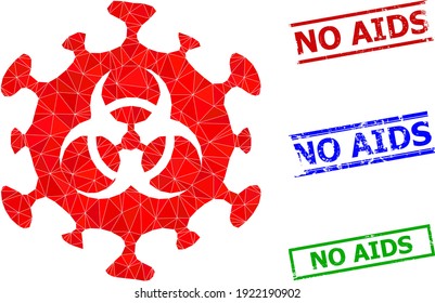 Ilustración del icono poligonal del triángulo de riesgo biológico del coronavirus, y sellos de goma sencillos sin SIDA. El icono del Coronavirus Biohazard está lleno de triángulos. Los sellos de sello simples utilizan líneas, rectas en rojo, azul,