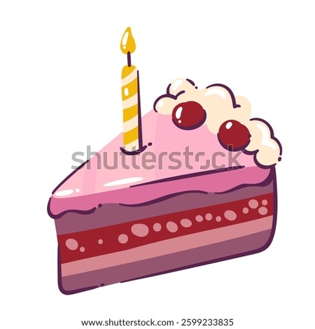 Triangle birthday cake slice with burning candle. Piece of dessert with layers of pink cream and berry decoration. Bday party mascot, cake portion cartoon vector illustration