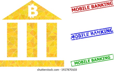 Ilustración de icono poligonal del banco de bitcoin triangular y marcas de agua simples de la Banca Móvil. El icono del Banco de Bitcoin está lleno de triángulos. Las marcas de agua simples utilizan líneas, rectas en rojo, azul,