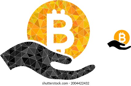 Triangle bitcoin spenden Hand polygonal Symbol Illustration. Bitcoin Spende Hand Low-Poly-Symbol ist gefüllt mit Dreiecken. Flaches abstraktes Mesh-Symbol basierend auf dem Handsymbol der Bitcoin-Spende.