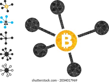 Triangle bitcoin verbindet polygonale Icon-Illustration und ähnliche Symbole. Bitcoin Links sind mit Dreiecken gefüllt. Low-Poly-Bitcoin-Verbindungen kombiniert mit verstreuten gefüllten Dreiecken.