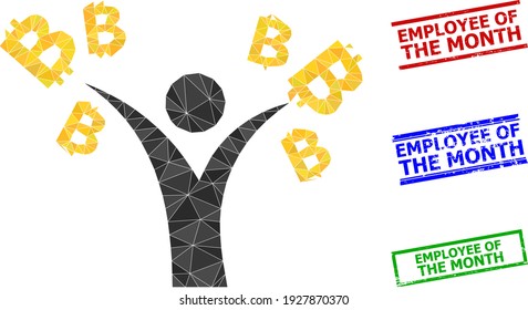 Triangle bitcoin man polygonal symbol illustration, and grunge simple Employee of the Month stamp seals. Bitcoin Man icon is filled with triangles. Simple stamp seals uses lines, rects in red, blue,