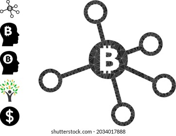 Triangle bitcoin nodes polygonal 2d illustration, and similar icons. Bitcoin Nodes is filled with triangles. Lowpoly bitcoin nodes combined with random colored triangles.