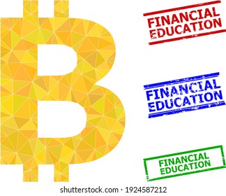 Triangle bitcoin symbol polygonal icon illustration, and distress simple Financial Education stamp imitations. Bitcoin Symbol icon is filled with triangles. Simple stamp seals uses lines,