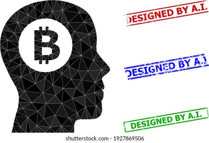 Triangle bitcoin denkende polygonal Symbol Illustration, und Not einfach von A.I. Siegel. Das Bitcoin Thinking Symbol ist mit Dreiecken gefüllt. Einfache Siegel verwenden Linien, Rektöne in Rot, Blau,