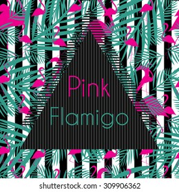 triangle black frame on seamless flamingo vector pattern with black and white stripes background.