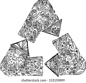 Triangle of black and white recycle arrows. Sketched doodle illustration.