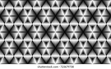 Triangle blend background. Geometric seamless pattern with monochrome gradient triangles. Vector lattice, 3d realistic texture. Modern engraved metal effect.