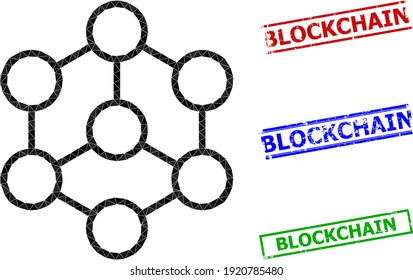 Triangle blockchain polygonal icon illustration, and unclean simple Blockchain stamp imitations. Blockchain icon is filled with triangles. Simple stamp seals uses lines, rects in red, blue,