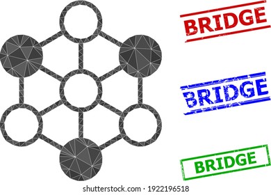 Triangle blockchain polygonal icon illustration, and grunge simple Bridge stamp seals. Blockchain icon is filled with triangles. Simple seals uses lines, rects in red, blue, green colors.