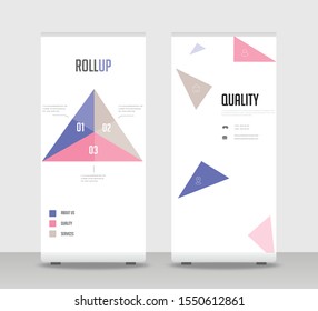 Triangle, blue, gray, red Abstract Shapes Modern Exhibition Advertising Trend Business Roll Up Banner Stand Poster Brochure flat design template creative concept. Roll Up EPS. Presentation Cover
