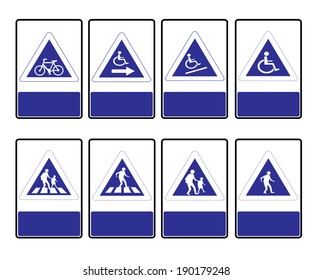 Triangle blue road signs on the square.Vector illustration