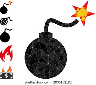 Ilustración de iconos poligonales de encendido por bomba de triángulo e iconos similares. El encendido de la bomba está lleno de triángulos. Incendio con bomba floja combinado de triángulos de colores dispersos.