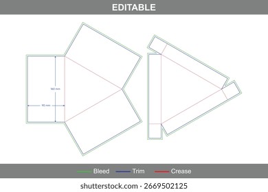 Triangle box with lid dieline, folding triangular carton template, printable packaging layout, professional box dieline for gifts, cosmetics, and retail packaging