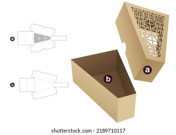 Triangle box with stenciled pattern lid die cut template and 3D mockup