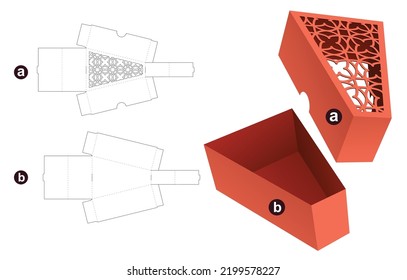 Triangle box and stenciled pattern lid die cut template and 3D mockup