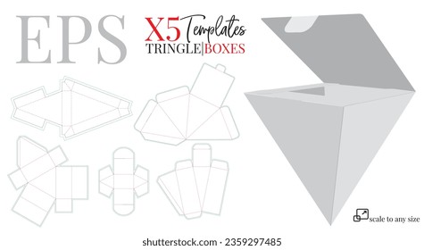 Triangle Box Template set, vector with die cut, laser cut lines. White clear, blank, isolated triangle box mock up on white background, perspective view