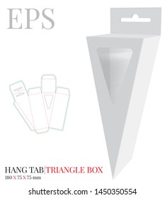 Triangle Box with Window Template, vector with die cut / laser cut lines. White clear, blank, isolated triangle box mock up on white background, perspective view.