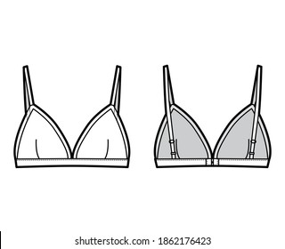 Triangle Bra lingerie technical fashion illustration with adjustable straps, hook-and-eye closure, sheer edge cups. Flat brassiere template front back white color style. Women men underwear CAD mockup