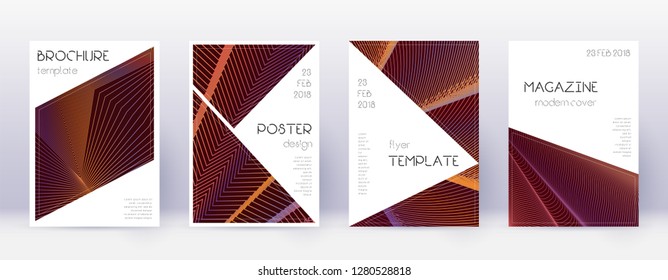 Triangle brochure design template set. Orange abstract lines on wine red background. Breathtaking brochure design. Comely catalog, poster, book template etc.
