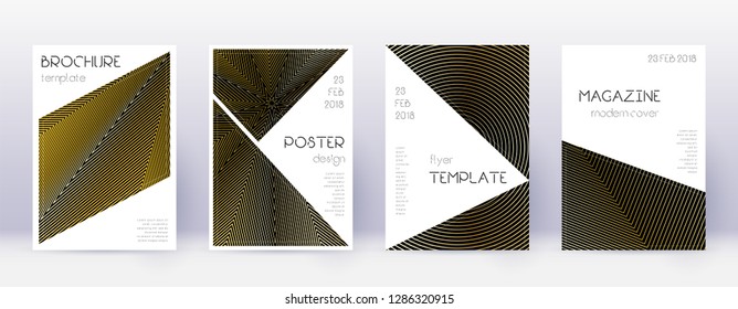 Triangle brochure design template set. Gold abstract lines on black background. Bold brochure design. Immaculate catalog, poster, book template etc.