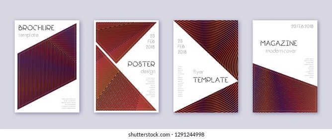 Triangle brochure design template set. Orange abstract lines on wine-red background. Breathtaking brochure design. Exceptional catalog, poster, book template etc.