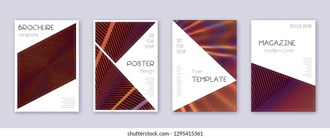 Triangle brochure design template set. Orange abstract lines on wine-red background. Breathtaking brochure design. Emotional catalog, poster, book template etc.