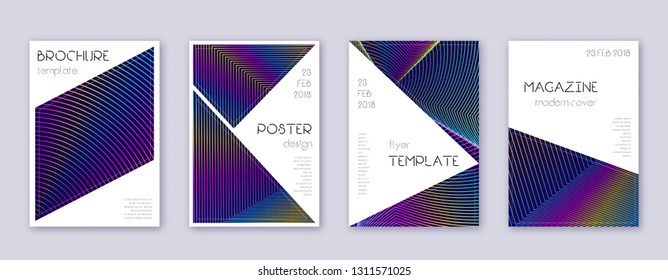 Triangle brochure design template set. Rainbow abstract lines on dark blue background. Breathtaking brochure design. Extra catalog, poster, book template etc.