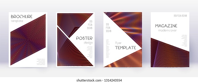Triangle brochure design template set. Orange abstract lines on wine red background. Breathtaking brochure design. Curious catalog, poster, book template etc.