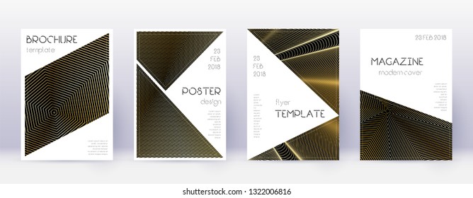 Triangle brochure design template set. Gold abstract lines on black background. Bold brochure design. Good-looking catalog, poster, book template etc.