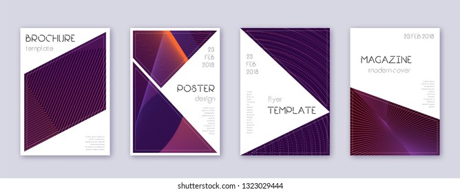 Triangle brochure design template set. Violet abstract lines on dark background. Breathtaking brochure design. Wonderful catalog, poster, book template etc.