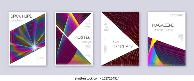 Triangle brochure design template set. Rainbow abstract lines on wine red background. Breathtaking brochure design. Marvelous catalog, poster, book template etc.