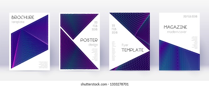 Triangle brochure design template set. Neon abstract lines on dark blue background. Breathtaking brochure design. Bold catalog, poster, book template etc.