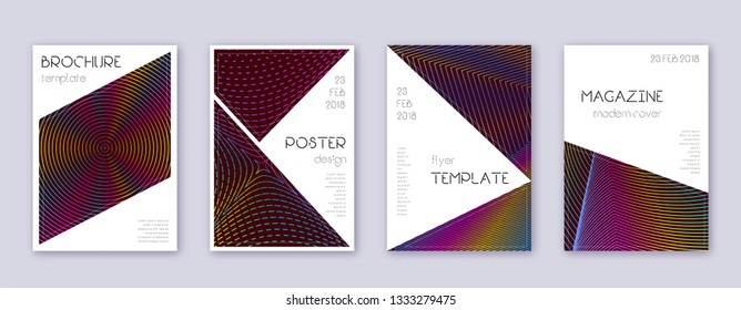 Triangle brochure design template set. Rainbow abstract lines on wine red background. Breathtaking brochure design. Interesting catalog, poster, book template etc.