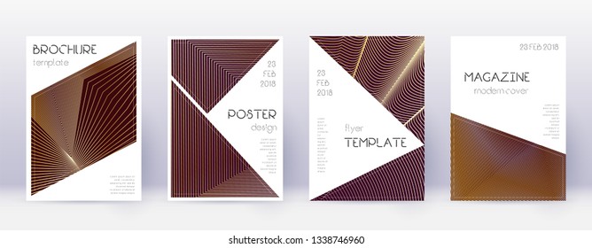 Triangle brochure design template set. Gold abstract lines on bordo background. Bold brochure design. Outstanding catalog, poster, book template etc.