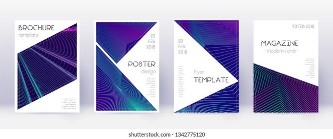 Triangle brochure design template set. Neon abstract lines on dark blue background. Breathtaking brochure design. Beautiful catalog, poster, book template etc.