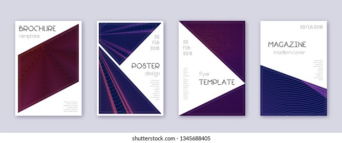 Triangle brochure design template set. Violet abstract lines on dark background. Breathtaking brochure design. Unequaled catalog, poster, book template etc.