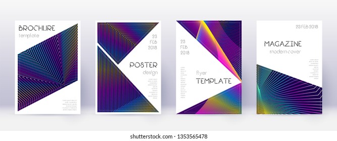 Triangle brochure design template set. Rainbow abstract lines on dark blue background. Breathtaking brochure design. Impressive catalog, poster, book template etc.