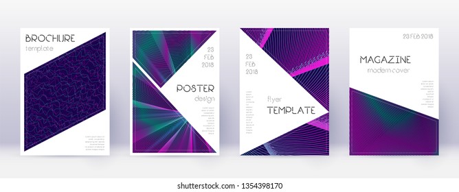 Triangle brochure design template set. Neon abstract lines on dark blue background. Breathtaking brochure design. Bizarre catalog, poster, book template etc.