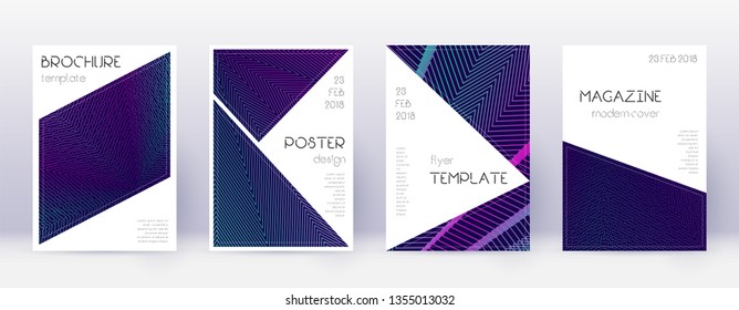 Triangle brochure design template set. Neon abstract lines on dark blue background. Breathtaking brochure design. Awesome catalog, poster, book template etc.