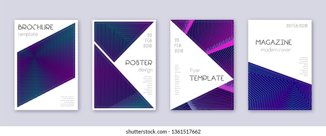 Triangle brochure design template set. Neon abstract lines on dark blue background. Breathtaking brochure design. Admirable catalog, poster, book template etc.