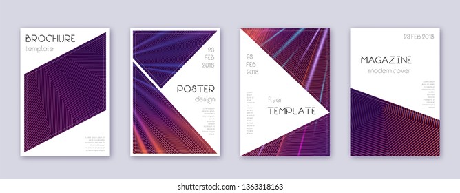 Triangle brochure design template set. Violet abstract lines on dark background. Brilliant brochure design. Admirable catalog, poster, book template etc.