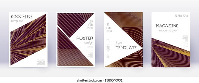 Triangle brochure design template set. Gold abstract lines on bordo background. Bold brochure design. Original catalog, poster, book template etc.